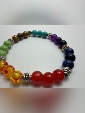Chakra Multicolor Beaded Stretch Bracelet with Red Accent Beads